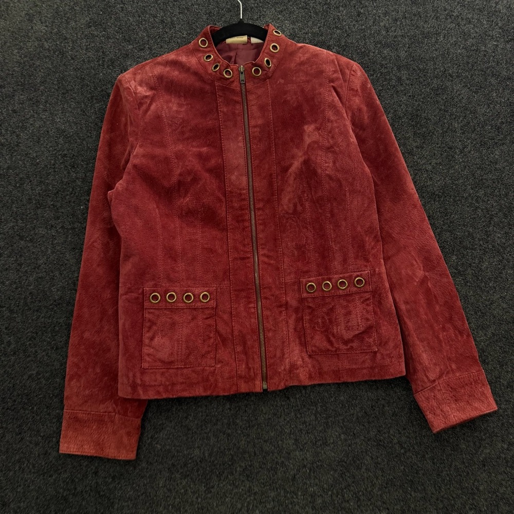 RuffHewn Well Worn Burgundy Red Suede Leather Grommet Zip Up Jacket Large